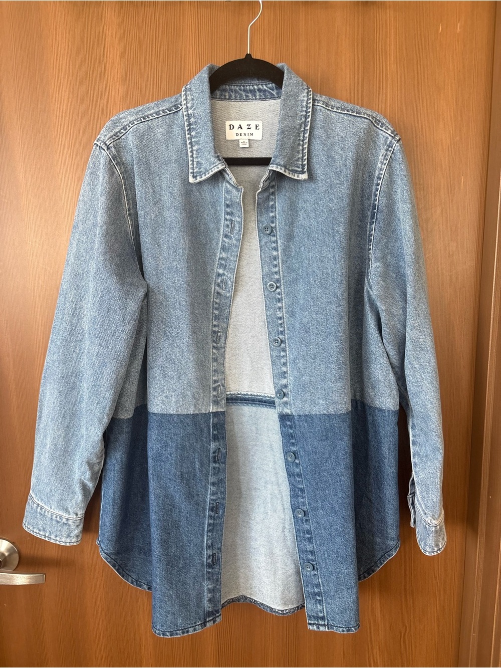 DAZE Denim Two-Tone Light Blue Denim Shirt Jacket